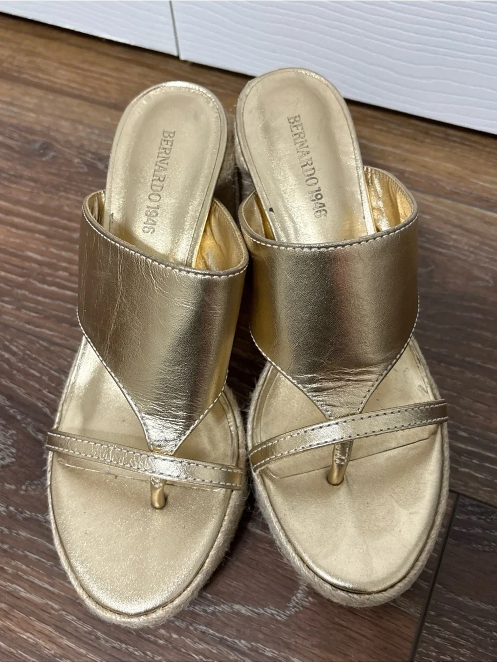 Bernardo Metallic Gold Espadrille Platform Thong Heels